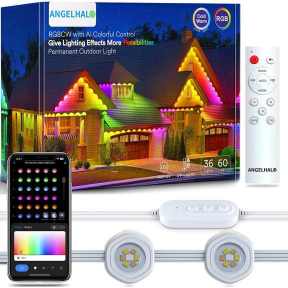 ANGELHALO 50ft 36 LED Outdoor Lights, IP65 Waterproof, Daily & Accent Eaves Lighting, Smart LED