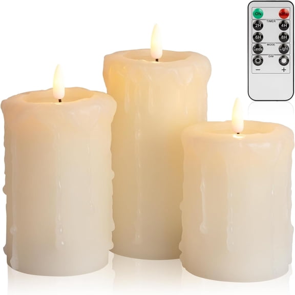 ANGELLOONG Flameless Candles with Remote, 3 Pack Battery Operated LED Candles, Flickering Fake Drip Pillar Candle Set for Home Decor, Mantel, Christmas Decor