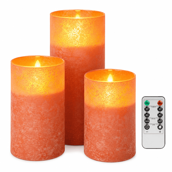 ANGELLOONG Flameless Pillar Candles, Glass Real Wax Battery Operated LED Pillar Candles with Timer Remote for Holiday Home Decor Orange Set of 3