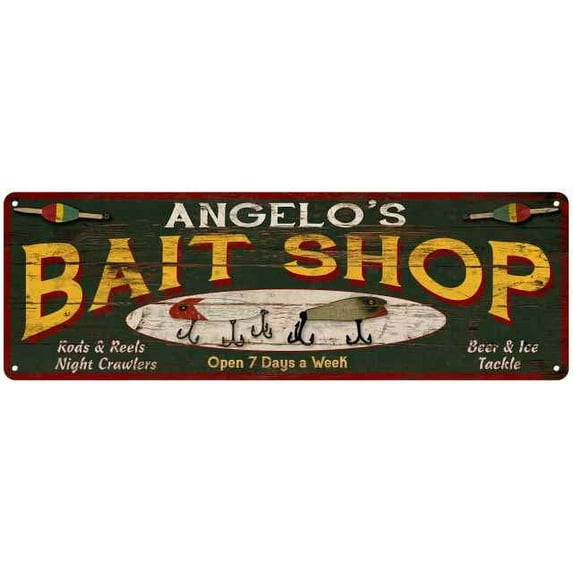 ANGELO'S Bait Shop Sign Wood Look Man Cave Den Gift 6x18 Metal 206180024329