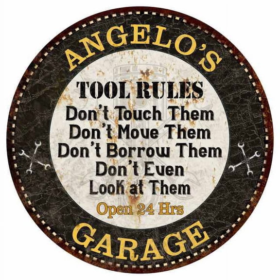 ANGELO'S Garage Rules 12" Round Metal Sign Garage Bar Wall Décor 200120013244