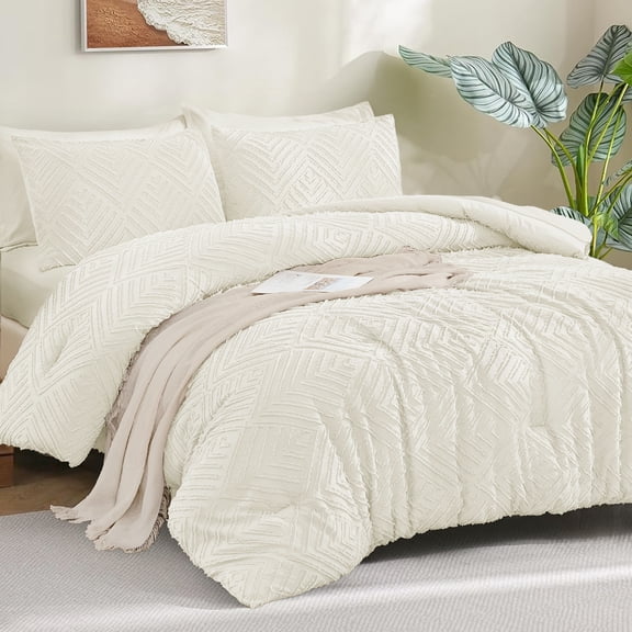 ANGENIA 7 Pieces Full Size Comforter Sets Ivory - Bed in a Bag Full Boho Soft Fluffy Tufted Bed Set with Comforter, Sheets, Pillowcases & Shams
