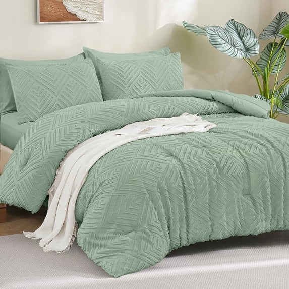 ANGENIA 7 Pieces Full Size Comforter Sets Sage Green - Bed in a Bag Full Boho Soft Fluffy Tufted Bed Set with Comforter, Sheets, Pillowcases & Shams