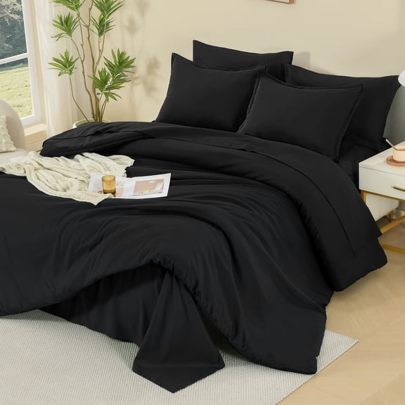 ANGENIA Black Comforter Set King Size - 7 Pieces Bed in a Bag King Bedding Sets, All Season Solid Plain Soft Fluffy Bed Set with Comforter, Sheets, Pillowcases & Shams