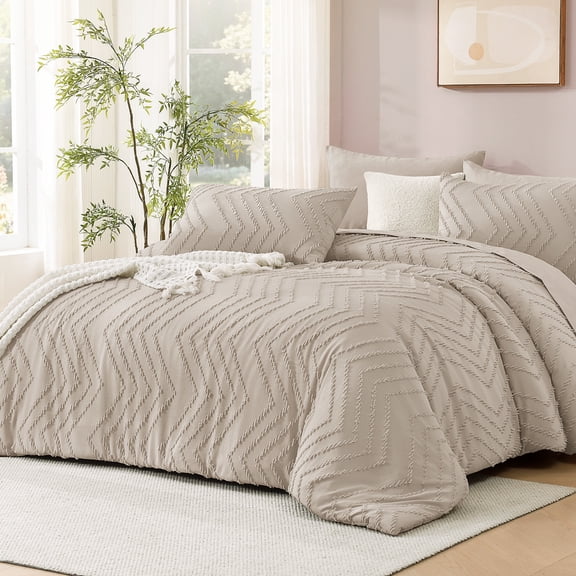 ANGENIA Full Comforter Sets Oatmeal - 7 Pieces Bed in a Bag Full, Soft Fluffy Boho Chevron Tufted Bed Sets with Comforter, Sheets, Pillowcases & Shams