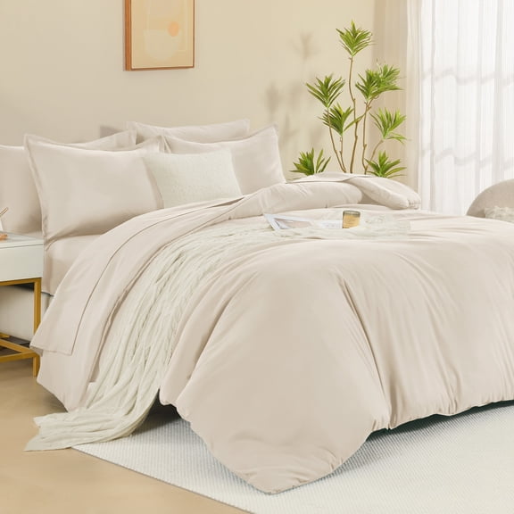 ANGENIA King Comforter Sets with Sheet Beige - 7 Pieces King Size Bed in a Bag, Cream Soft Fluffy All Season Solid Bed Set with Comforter, Sheets, Pillowcases & Shams