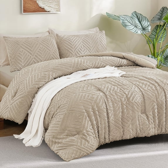ANGENIA Bed in a Bag Full Comforter Sets, 7 Pieces Oatmeal Soft Fluffy Boho Bedding Comforter Sets, All Season Tufted Bed Set with Comforter, Sheets, Pillowcases & Shams