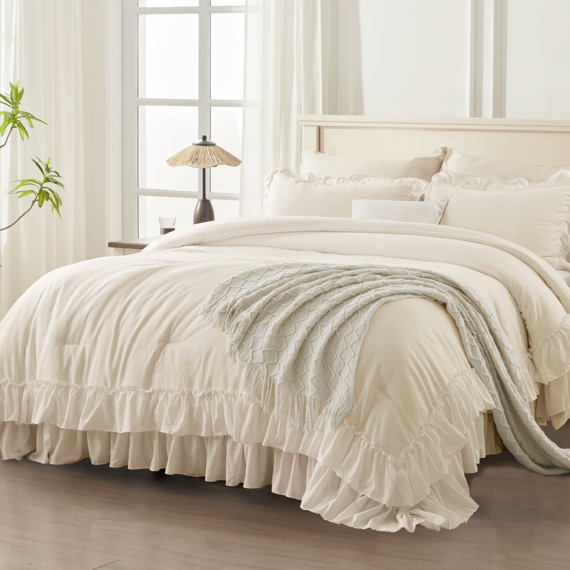 ANGENIA Queen Size Beige Comforter Set - 3 Pieces Soft Fluffy Ruffle Bedding Comforter Sets for Queen Bed, All Season Farmhouse Lightweight Microfiber Down Alternative Bed Set - Walmart.com