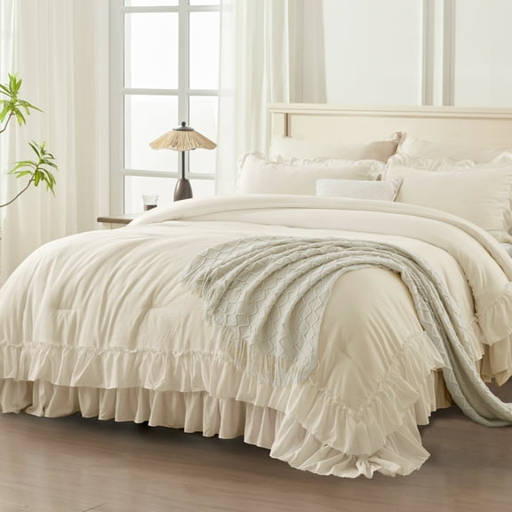 ANGENIA Queen Size Beige Comforter Set - 3 Pieces Soft Fluffy Ruffle Bedding Comforter Sets for Queen Bed, All Season Farmhouse Lightweight Microfiber Down Alternative Bed Set