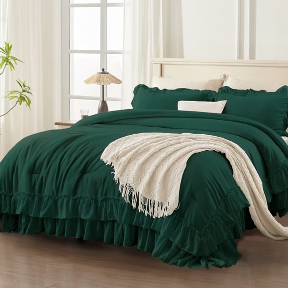ANGENIA California King Comforter Sets Dark Green, 3 Pieces Farmhouse Oversized Ruffle Bedding Comforter Sets, Soft Fluffy Microfiber All Season Bed Set(104" x96" Comforter & 2 Pillowcases)