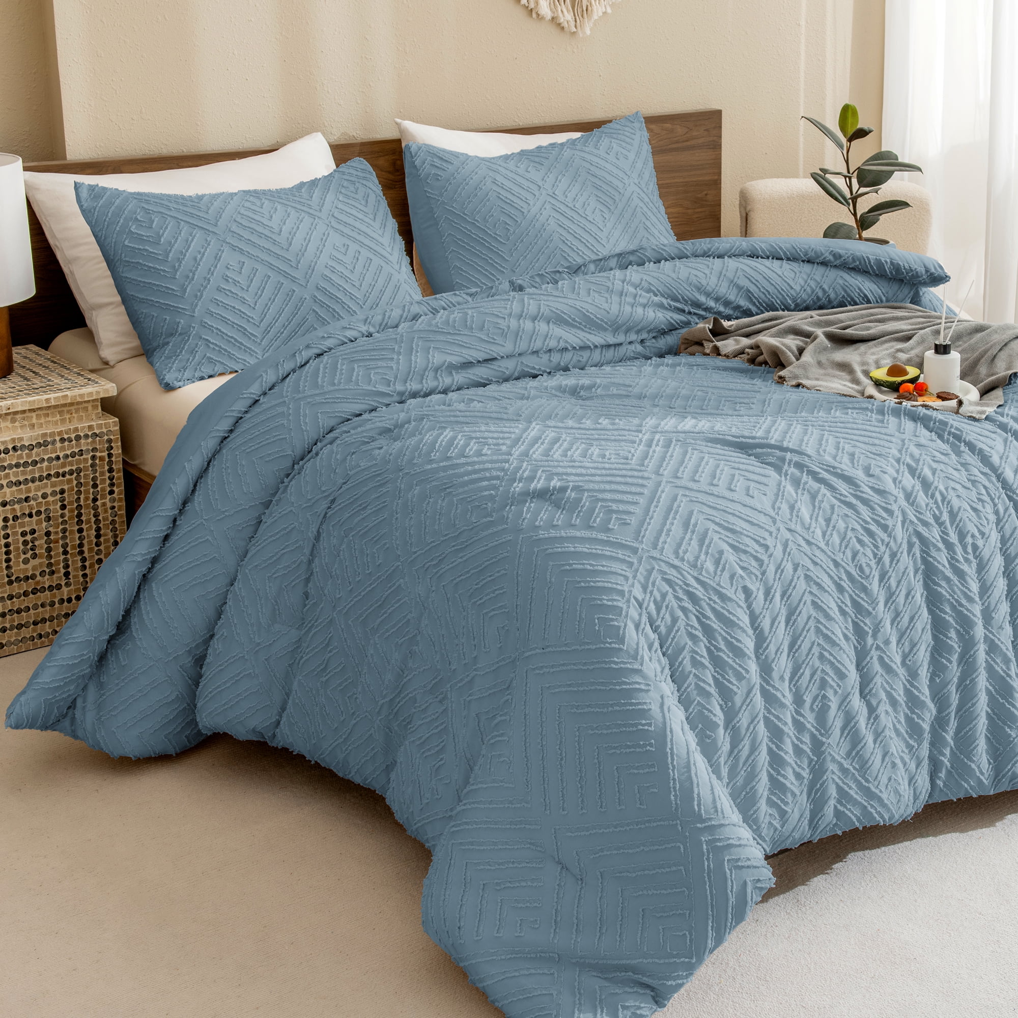 ANGENIA Comforter Sets for King Bed - 3 Pieces Grayish Blue Boho Bedding Comforter Set - All Season Soft Fluffy Lightweight Tufted Down Alternative Bed Set(104"x90" Comforter & 2 Pillowcases)