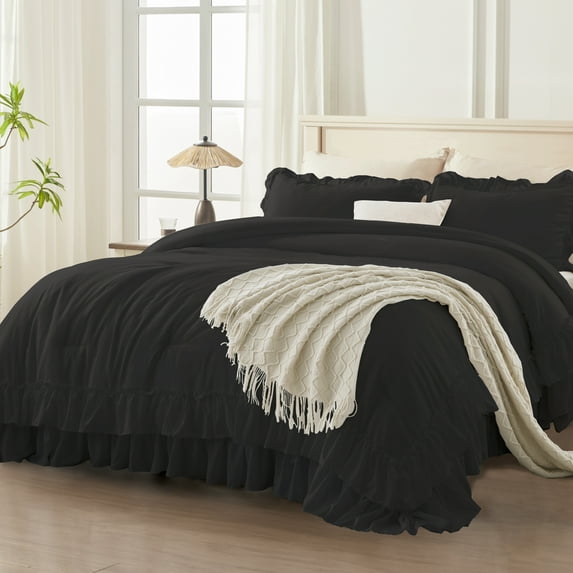 ANGENIA Full Size Black Comforter Set - 3 Pieces Soft Cozy Fluffy Cream Ruffle Bedding Comforter Sets, All Season Lightweight Farmhouse Down Alternative Bed Set for Girls Teens Boys Kids
