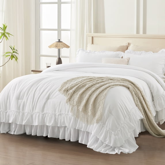 ANGENIA Full Size Comforter Set White - 3 Pieces Soft Cozy Fluffy Ruffle Bedding Comforter Sets, All Season Lightweight Farmhouse Down Alternative Bed Set for Girls Teens Boys Kids