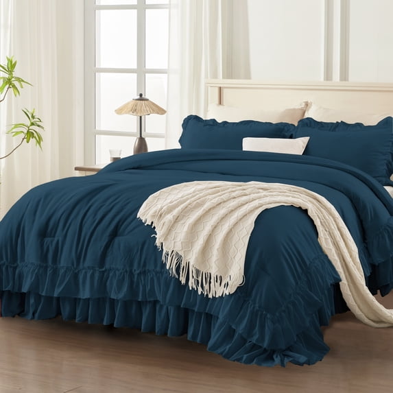 ANGENIA Full Size Comforter Sets Navy Blue, 3 Pieces Farmhouse Ruffle Comforter Sets Full, All Season Soft Fluffy Shabby Chic Bed Set(79"x90" Comforter & 2 Pillowcases)