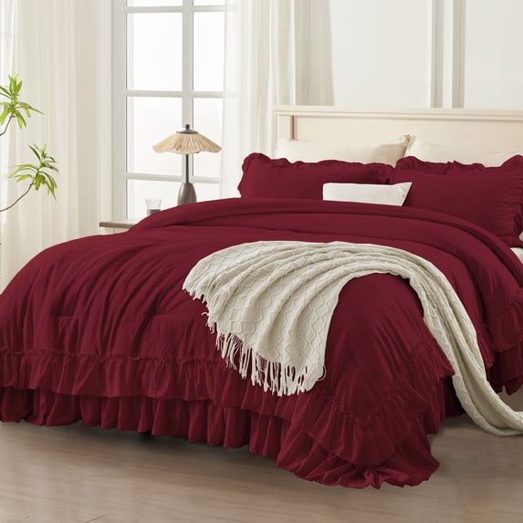 ANGENIA King Comforter Sets Burgundy, 3 Pieces Shabby Chic Farmhouse Ruffle Bedding Comforter Sets, Soft Lightweight Fluffy Microfiber Bet Set for All Season(104"x90" Comforter & 2 Pillowcases)