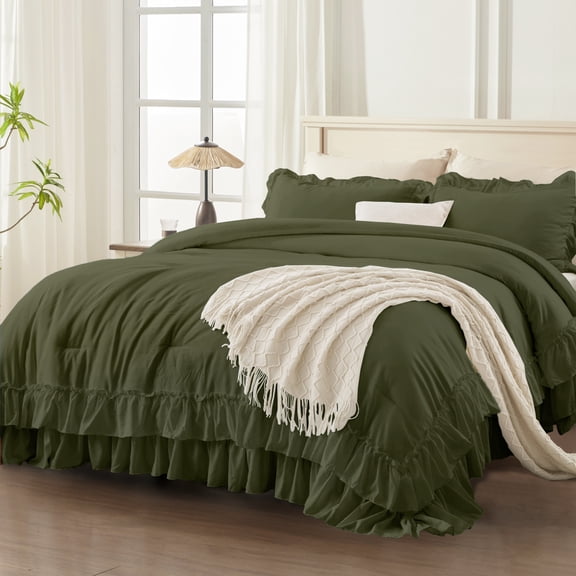 ANGENIA King Comforter Sets Olive Green, 3 Pieces Farmhouse Shabby Chic Ruffle Comforter Set, All Season Lightweight Soft Fluffy Microfiber Bed Set