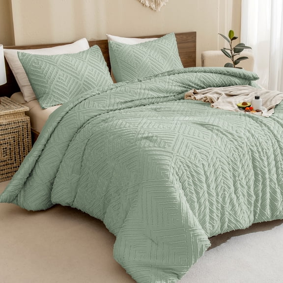 ANGENIA King Comforter Sets Sage Green - 3 Pieces Summer Soft Fluffy Boho Bedding Comforter Set for King Size Bed - Tufted Textured All Season Down Alternative Bed Set