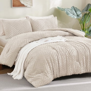 ANGENIA King Size Comforter Set with Sheet, 7 Pieces Beige Bed in a Bag Boho Cream Soft Lightweight Fluffy Tufted All Season Bed Set with Comforter, Sheets, Pillowcases & Shams