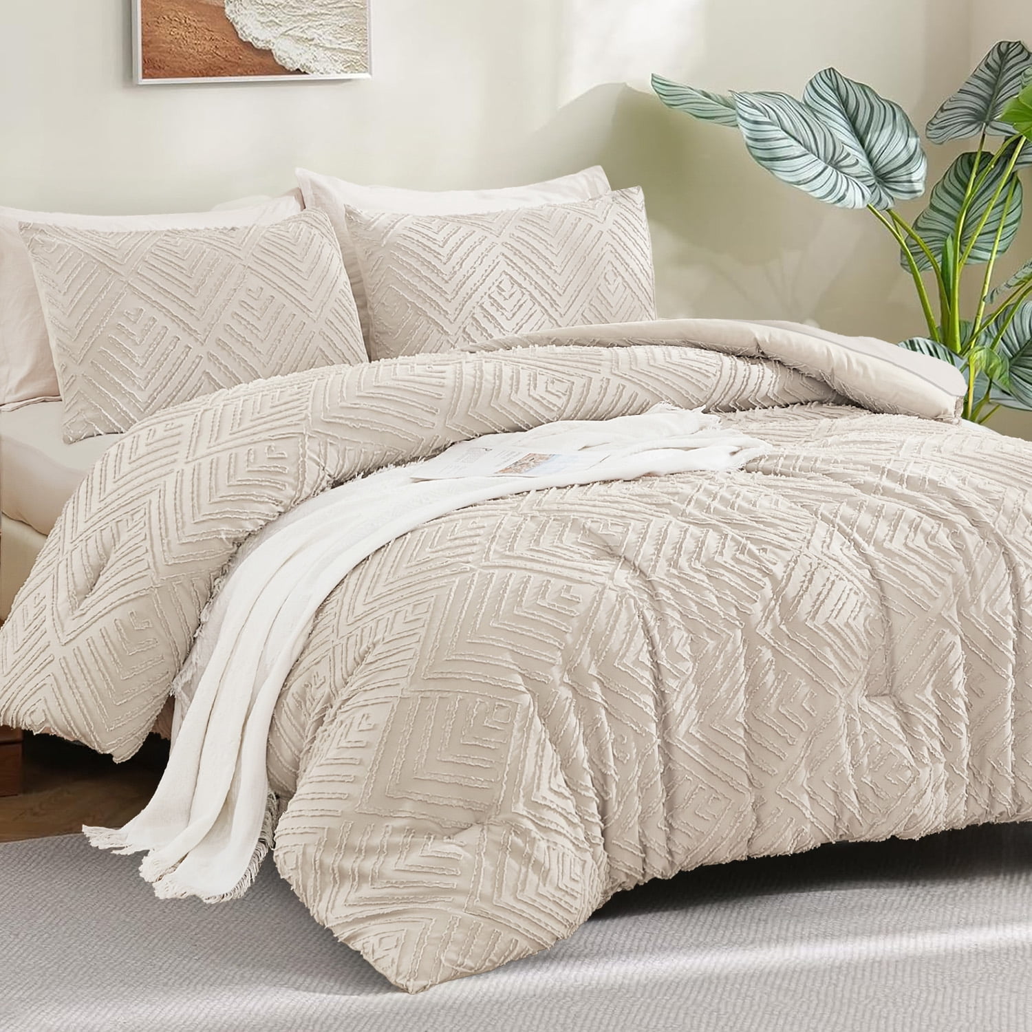 ANGENIA King Size Comforter Set with Sheet, 7 Pieces Beige Bed in a Bag Boho Cream Soft Lightweight Fluffy Tufted All Season Bed Set with Comforter, Sheets, Pillowcases & Shams