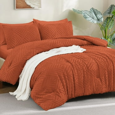 ANGENIA King Size Comforter Set Burnt Orange, 7 Pieces Bed in a Bag Terracotta Boho Soft Lightweight Fluffy Tufted Bed Set with Comforter, Sheets, Pillowcases & Shams for All Seasons