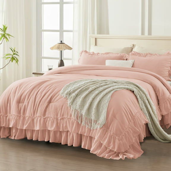 ANGENIA King Size Comforter Sets Blush, 3 Pieces Soft Fluffy Ruffle Bedding Comforter Sets for King Bed, All Season Farmhouse Shabby Chic Lightweight Microfiber Bed Set