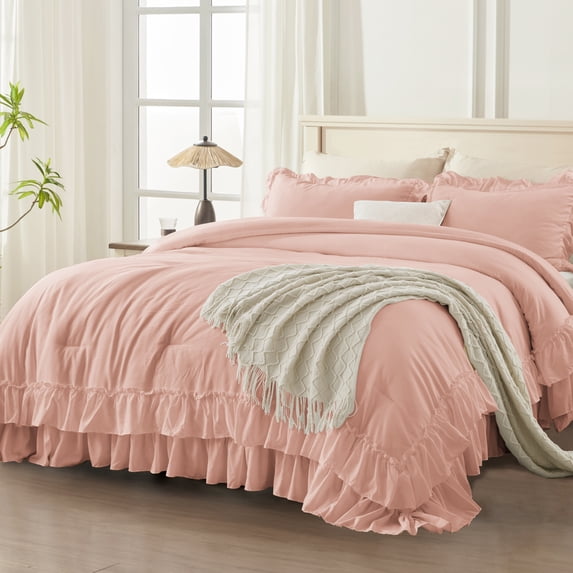 ANGENIA King Size Comforter Sets Blush, 3 Pieces Soft Fluffy Ruffle Bedding Comforter Sets for King Bed, All Season Farmhouse Shabby Chic Lightweight Bed Set
