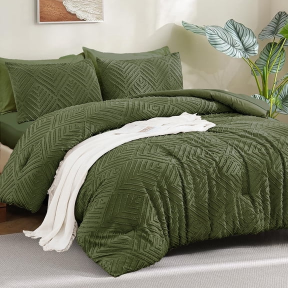 ANGENIA Olive Green Comforter King Size  - 7 Pieces Soft Fluffy Bed in a Bag King  Bedding Comforter Sets, All Season Boho Tufted Bed Set with Comforter, Sheets, Pillowcases & Shams