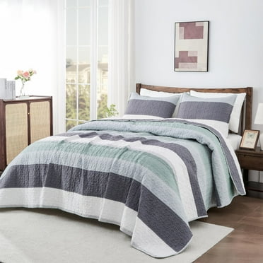 ANGENIA King Size Quilt Sets Mint Green, Soft Lightweight Bedspreads for King Size Beds, 3 Pieces Patchwork Striped Coverlets & Quilt Bedding Sets for All Seasons (106"x 96" Quilt, 2 Pillow Shams)