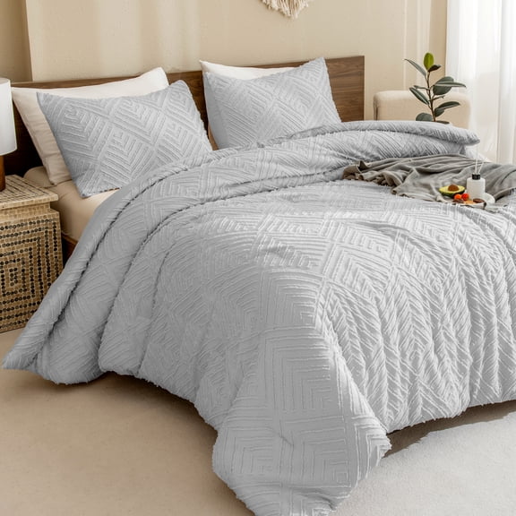 ANGENIA Light Grey Oversized King Comforter Set, 3 Pieces Soft Fluffy Boho Bedding Sets & Collections, Tufted Bed Set for All Seasons (120''x 98'' Comforter & 2 Pillowcases)