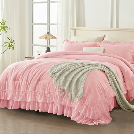 ANGENIA Pink Comforter Sets for King Bed, 3 Pieces Farmhouse Ruffle Comforter Set, All Season Soft Fluffy Cute Shabby Chic Microfiber Bed Set for Women Girl