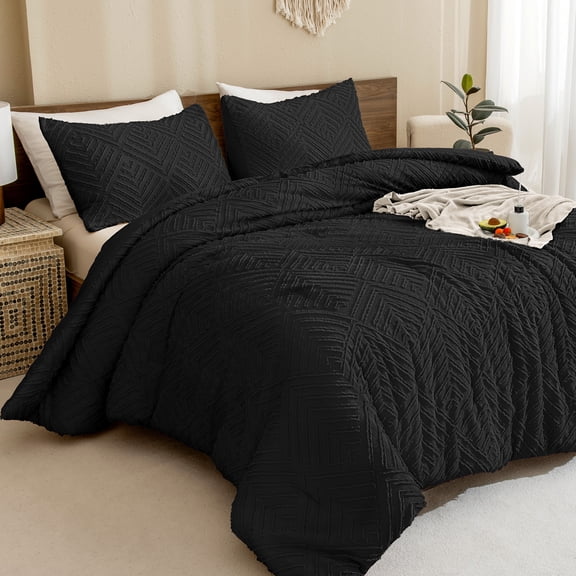 ANGENIA Queen Comforter Set Black, 3 Pieces Soft Fluffy Boho Bedding Comforters Sets for Queen Size Bed, All Season Lightweight Tufted Down Alternative Bed Set(90"x90" Comforter & 2 Pillowcases)