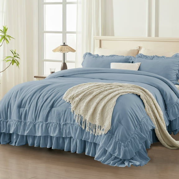 ANGENIA Queen Comforter Set Grayish Blue, 3 Pieces Farmhouse Shabby Chic Ruffle Comforter Sets, All Season Soft Lightweight Fluffy Microfiber Bed Set(90" x90" Comforter & 2 Pillowcases)