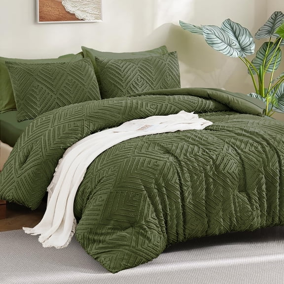 ANGENIA Queen Comforter Set Olive Green - 7 Pieces Bed in a Bag Boho Bedding Comforter Sets for Queen Size Bed, All Season Soft Fluffy Tufted Bed Set with Comforter, Sheets, Pillowcases & Shams
