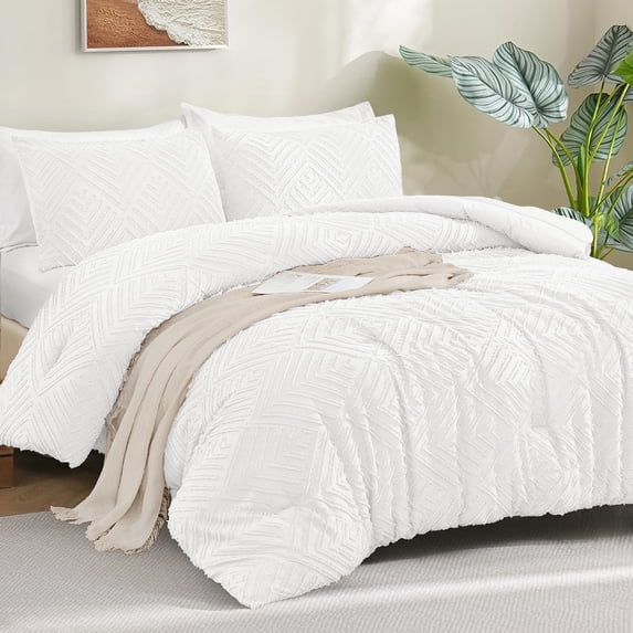 ANGENIA Queen Comforter Set White - 7 Pieces Bed in a Bag Boho Bedding Comforter Sets for Queen Size Bed, All Season Soft Fluffy Tufted Bed Set with Comforter, Sheets, Pillowcases & Shams