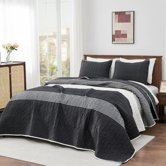 ANGENIA Queen Quilt Bedding Set Black and White, 3 Pieces Patchwork Striped Ultra Soft Lightweight Bedspreads, Coverlets Set with 2 Pillow Shams for All Seasons (90"x96")