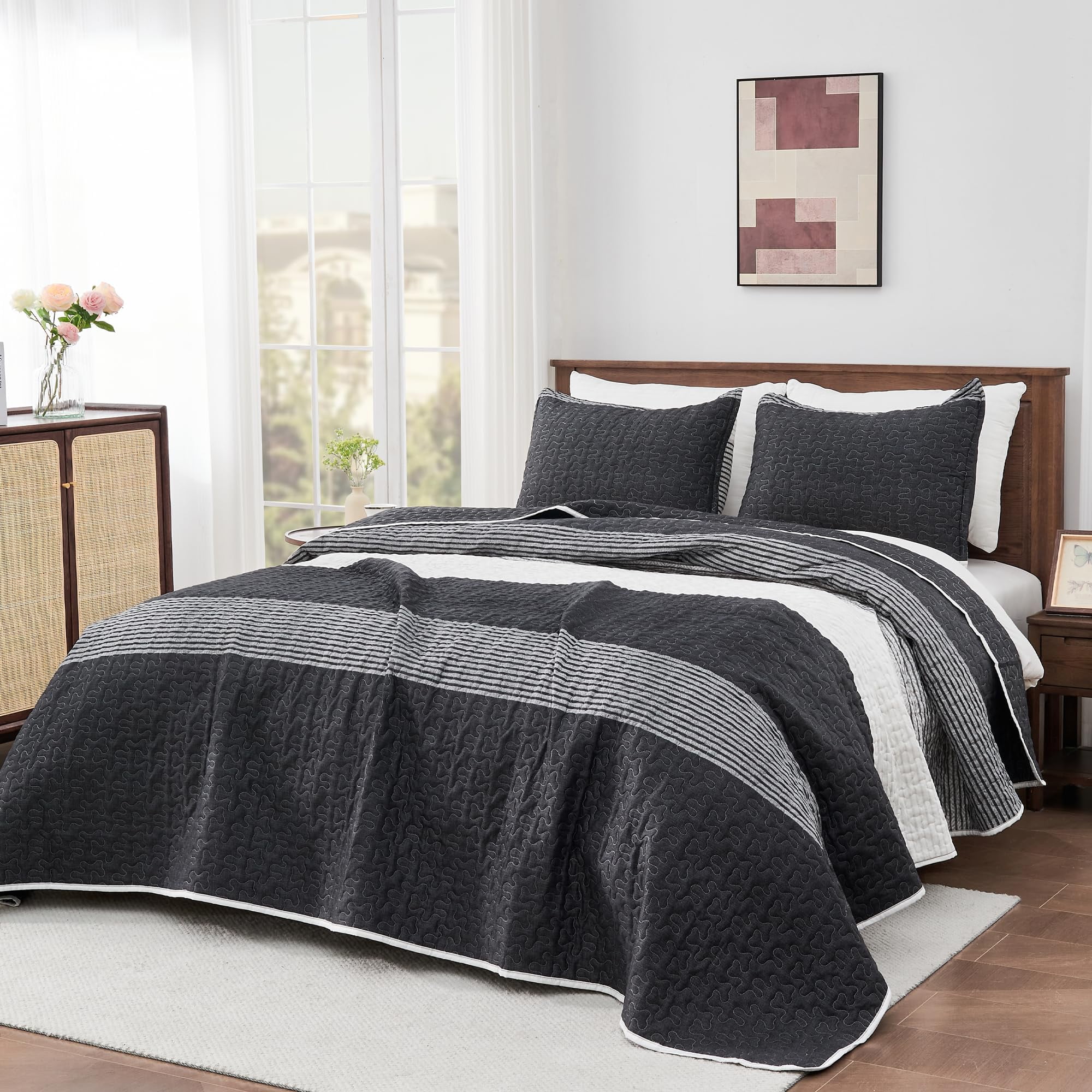 ANGENIA Queen Quilt Bedding Set Black and White, 3 Pieces Patchwork ...