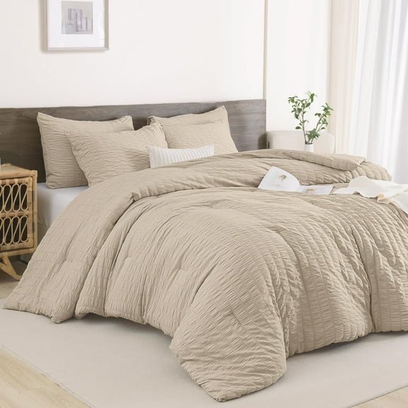 ANGENIA Queen Comforter Set Khaki, 3 Pieces Soft Fluffy Seersucker Bedding Comforter Sets for Queen Bed, Lightweight Farmhouse Down Alternative Bed Set for All Seasons