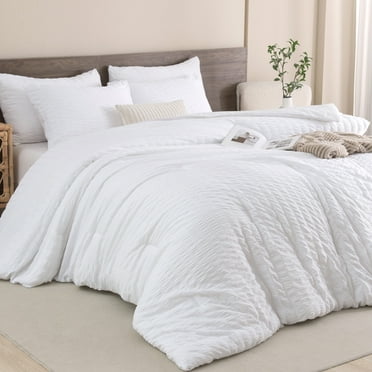 Andency Queen Comforter Set White, 3 Pieces Soft Fluffy Seersucker Textured Bedding Comforter Sets for Queen Size Bed, Lightweight Farmhouse All Season Microfiber Down Alternative Bed Set
