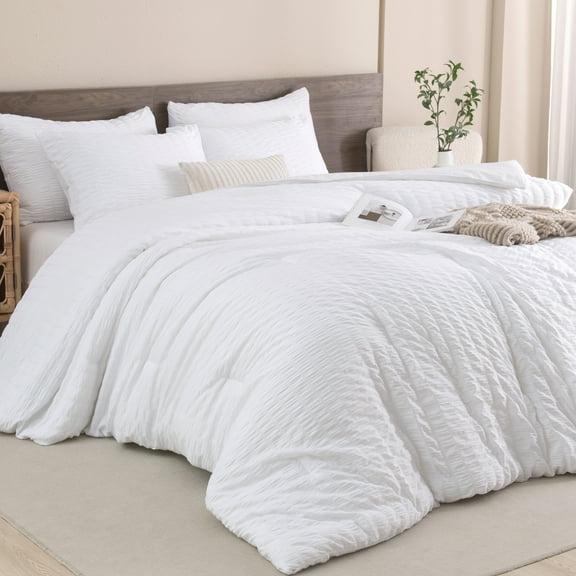 Andency Queen Comforter Set White, 3 Pieces Soft Fluffy Seersucker Textured Bedding Comforter Sets for Queen Size Bed, Lightweight Farmhouse All Season Microfiber Down Alternative Bed Set