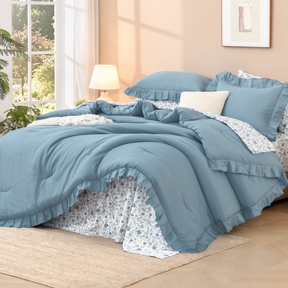 ANGENIA Comforter Set Full - 7 Pieces Grayish Blue Ruffle Bedding Sets with Floral Sheets, Shabby Chic Farmhouse Bed in a Bag with Ruffle Comforter, Floral Sheets, Pillowcases & Shams