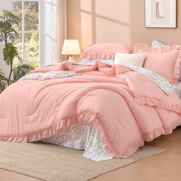 ANGENIA Ruffle Comforter Set King - 7 Pieces Soft Lightweight Pink Bedding Comforter Sets, Shabby Chic Farmhouse Bed in a Bag King with Ruffle Comforter, Floral Sheets, Pillowcases & Shams