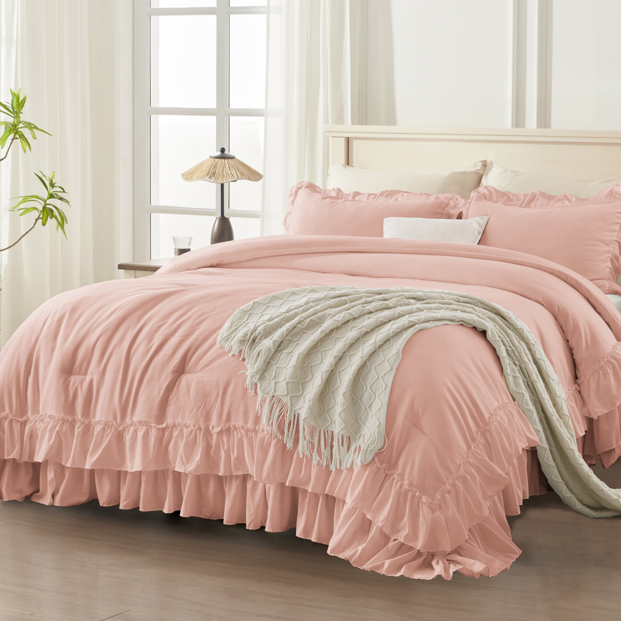 ANGENIA Ruffle Comforter Set Queen Size, 3 Pieces Blush Soft Fluffy Ruffled Bedding Comforter Sets for Queen Bed, Farmhouse Shabby Chic Bed Set for All Season