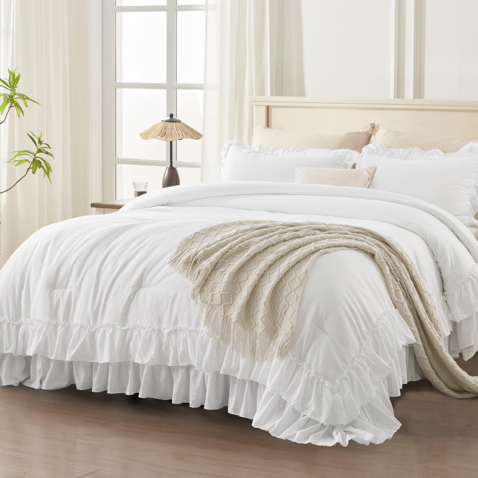ANGENIA King Size Comforter Set White - 3 Pieces Soft Fluffy Ruffle Bedding Comforter Sets for King Bed, All Season Chic Farmhouse Lightweight Microfiber Bed Set