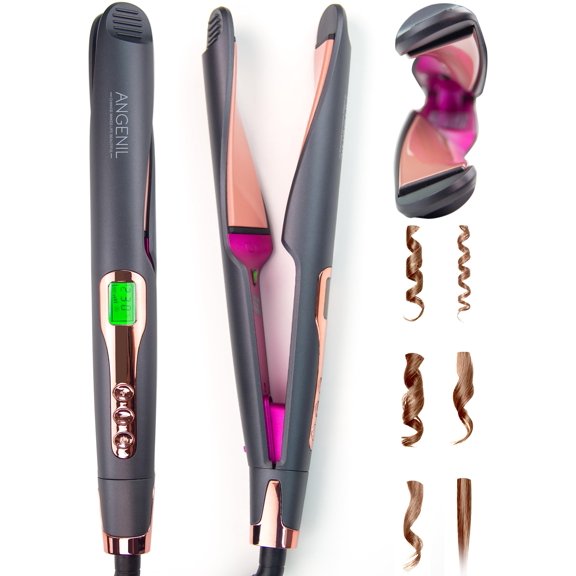 ANGENIL Pro Twist Ceramic Flat Iron 1 Inch, Dual Voltage Hair Straightener and Curler 2 in 1, Multi-Stylers Round Flat Iron Hair Curling Iron, Fast Heating LCD Display, 11 Adjustable Temp (250-450 