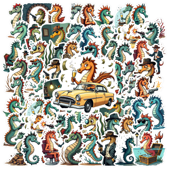 ANGFENG Vinyl Waterproof Stickers Seahorse Cartoon Funny Retro Stickers for Laptops Suitcases Notebooks