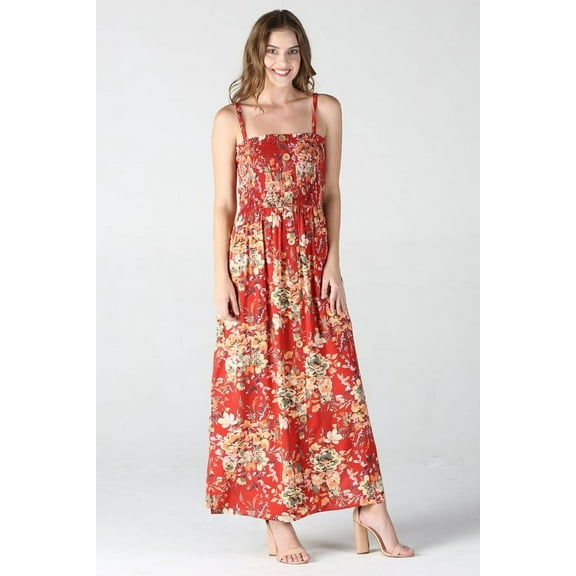 ANGIE SMOCKED BODICE BUTTON TRIM MAXI DRESS