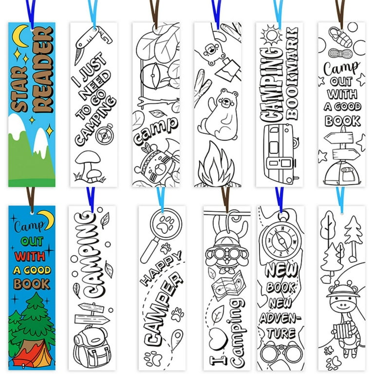 75Pcs Camping Color Your Own Bookmarks,Kids DIY Coloring Blank Bookmarks  Camp
