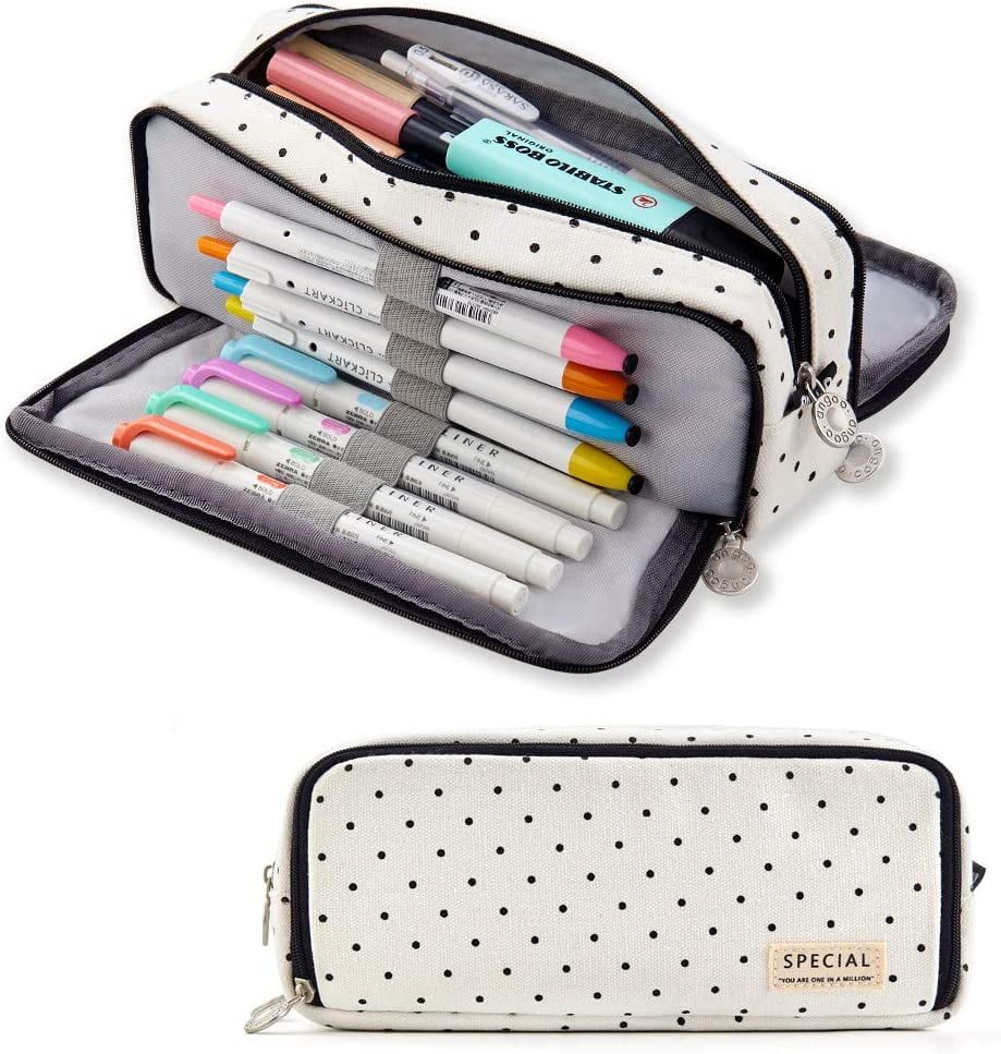  Sooez Large Pencil Case,Big Capacity Pencil Bag with 3  Compartments,Cute Canvas Pencil Pouch Organizer with Zipper, Portable  Stationery Pen Bag, Cute Aesthetic School Supplies For Teen Girls, Black :  Office