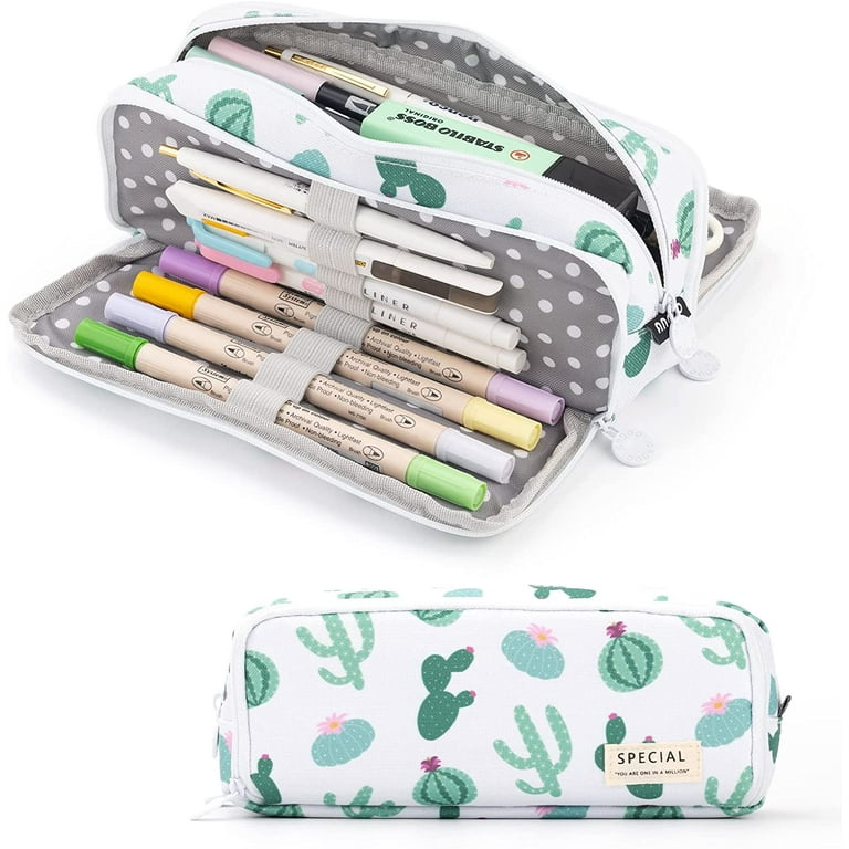 ANGOOBABY Large Pencil Case Big Capacity 3 Compartments Canvas Pencil Pouch  for Teen Boys Girls School Students (Green Cactus) 