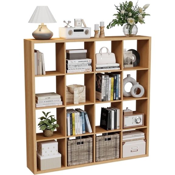 ANHDAH 16-Cube Bookcase & Storage Organizer, Thick Edges Bookshelf Multipurpose Display Shelves for Home Office, Natural Oak